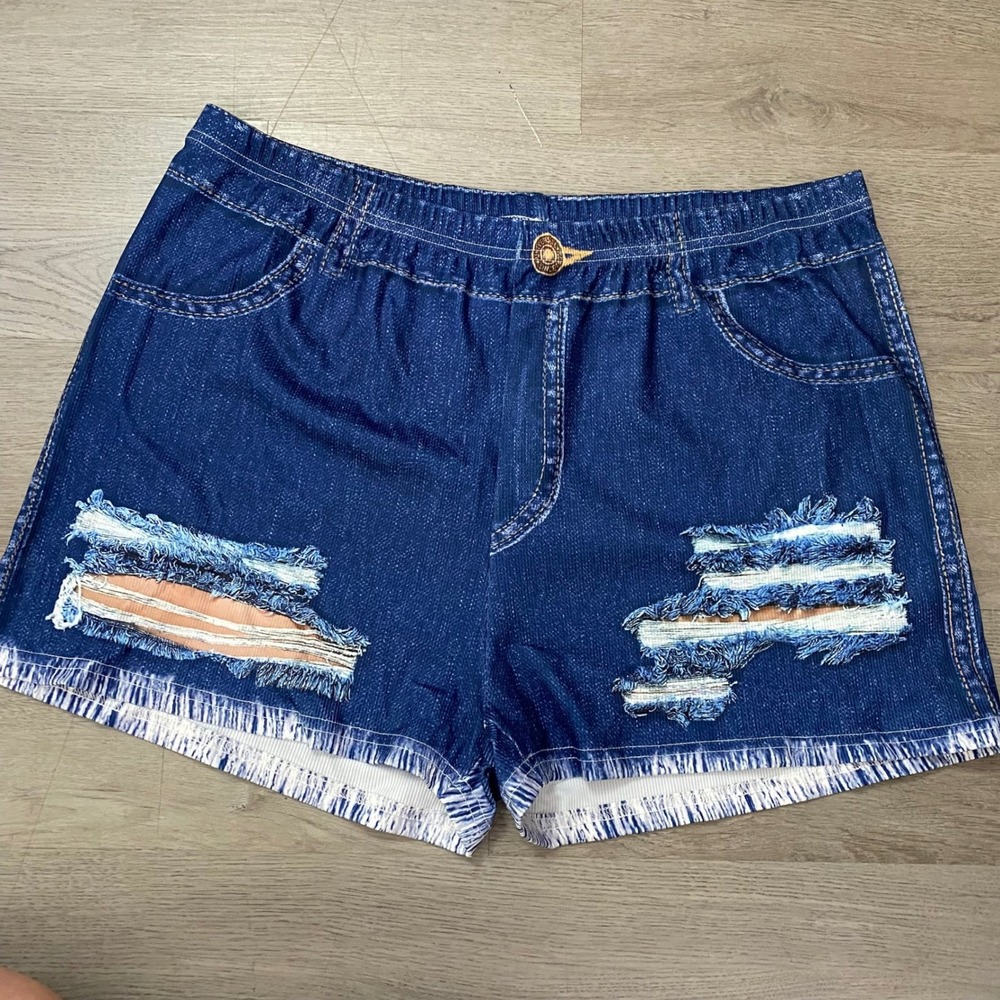 Distressed Denim Print Shorts Women 3XL Blue Elastic Waist